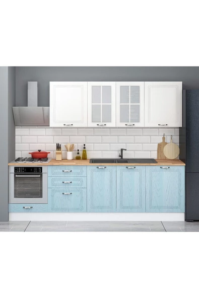 Fly Mobilya 270 Cm Pastel Tezgahlı Ankastre Modüllü Mdf Kapaklı Hazır Mutfak Dolabı (TEZGAH DAHİL)