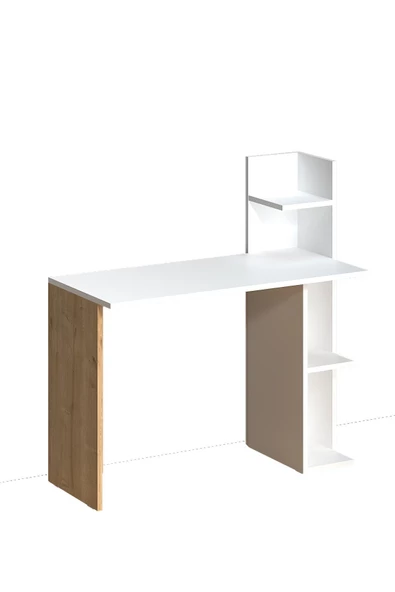 Fly Mobilya Sky Kitaplıklı Çalışma Masası, Safir Meşe Raflı Beyaz Bilgisayar Masası, Ofis Ders Laptop Masası - 4