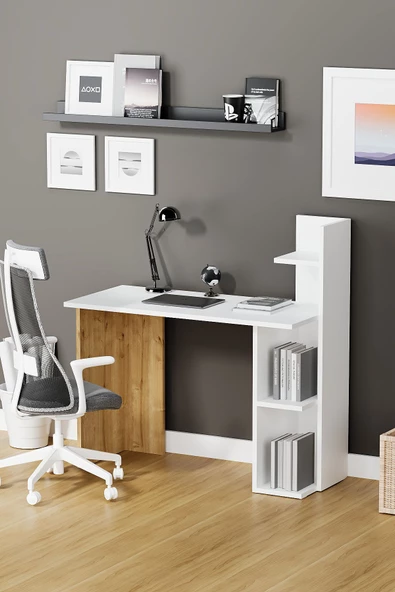 Fly Mobilya Sky Kitaplıklı Çalışma Masası, Safir Meşe Raflı Beyaz Bilgisayar Masası, Ofis Ders Laptop Masası