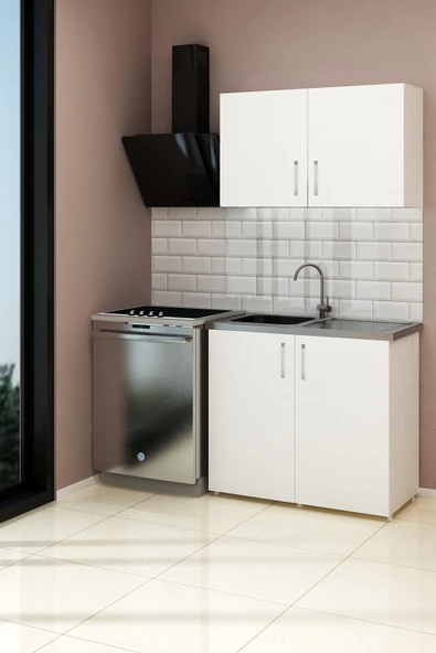 Fly Mobilya 100 cm Mini Çelik Evyeli Mutfak Dolabı Alt Üst Seti, Minimalist Modern Mutfak Ünitesi - 3