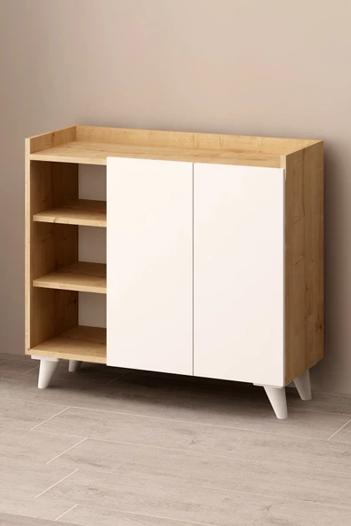 Fly Mobilya Alary Çok Amaçlı Dolap Beyaz & Meşe Raflı Çok Amaçlı Mutfak Dolabı Modern Kiler Dolabı - 6