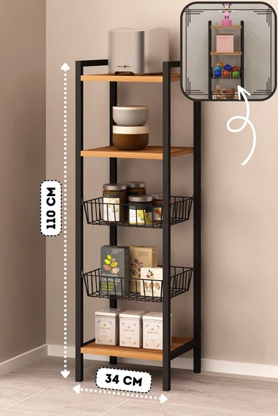 Fly Mobilya Polina Tel Sepetli Çok Amaçlı Mutfak Dolabı, Siyah Metal Ayaklı Sepetli Çok Amaçlı Dolap - 2