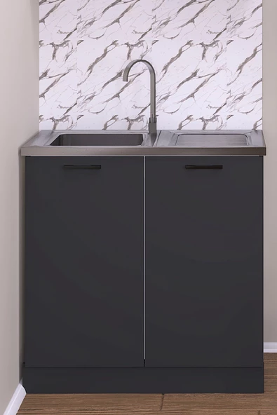 Fly Mobilya 80 Cm Eylül Mutfak Evyeli Alt Modül Antrasit ,mini Hazır Mutfak Dolabı Alt Modülü