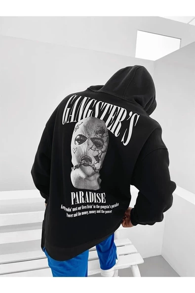 Erkek Siyah Gangster Paradise Baskılı Oversize 3 Iplik Kapüşonlu Sweatshirt