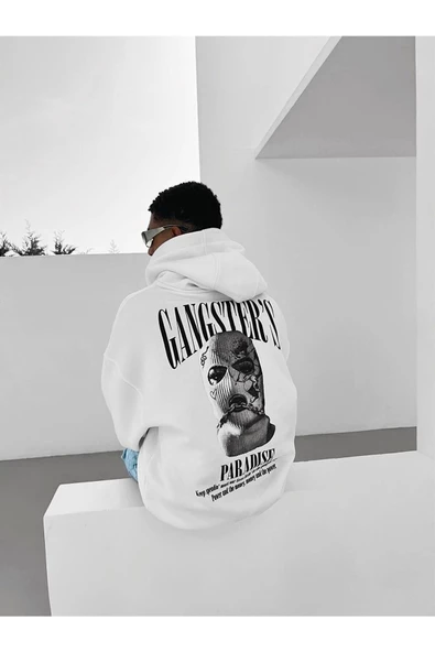 Erkek Beyaz Gangster Paradise Baskılı Oversize 3 Iplik Kapüşonlu Sweatshirt ürün görseli