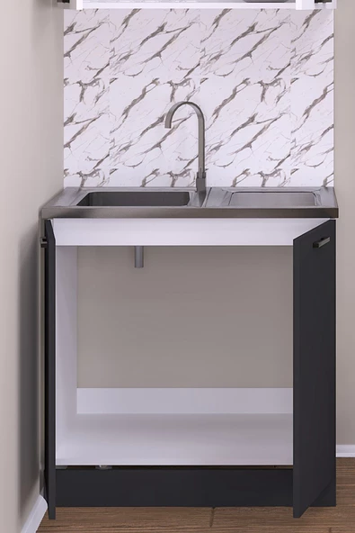 Fly Mobilya 80 Cm Eylül Mutfak Evyeli Alt Modül Antrasit ,mini Hazır Mutfak Dolabı Alt Modülü - 2