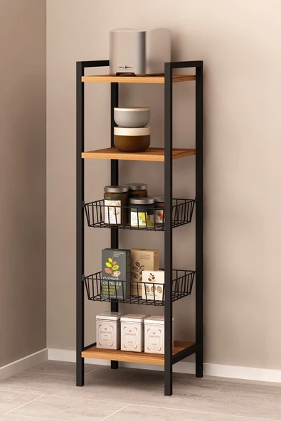 Fly Mobilya Polina Tel Sepetli Çok Amaçlı Mutfak Dolabı, Siyah Metal Ayaklı Sepetli Çok Amaçlı Dolap - 4