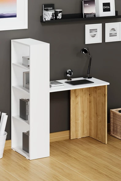 Fly Mobilya Star Raflı Çalışma Masası, Beyaz Meşe Kitaplıklı Bilgisayar Masası, Ofis Ders Laptop Masası - 3