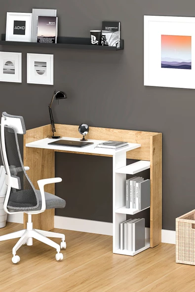 Fly Mobilya Moon Raflı Çalışma Masası, Beyaz Meşe Kitaplıklı Bilgisayar Masası, Ofis Ders Laptop Masası - 2