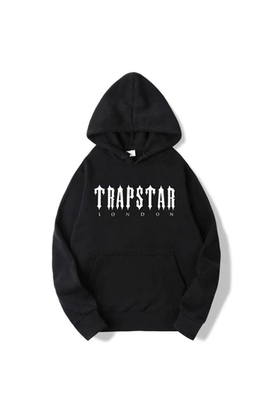Erkek Siyah Trapstar Baskılı Oversize Kapüşonlu Sweatshirt