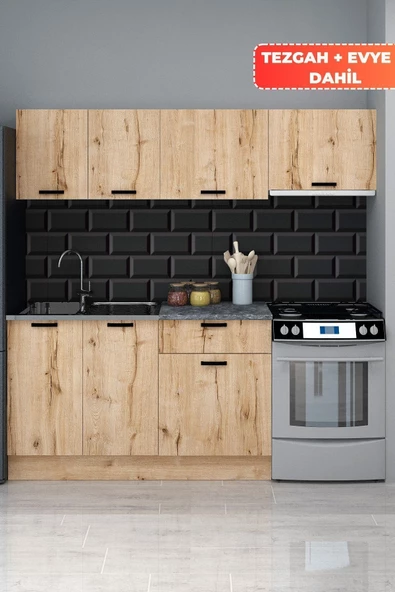 Fly Mobilya Tino 200 Cm Mutfak Dolabı, Modern Mutfak Ünitesi, Hazır Mutfak Dolabı Tezgah + Çelik Evye Dahil