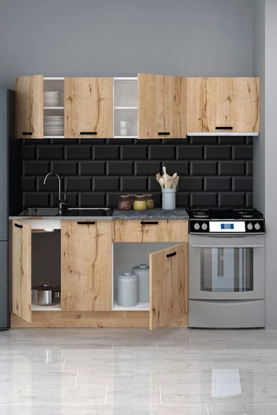 Fly Mobilya Tino 200 Cm Mutfak Dolabı, Modern Mutfak Ünitesi, Hazır Mutfak Dolabı Tezgah + Çelik Evye Dahil - 3