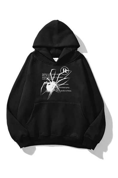 Siyah Unisex Spider R Kapüşonlu Sweatshirt