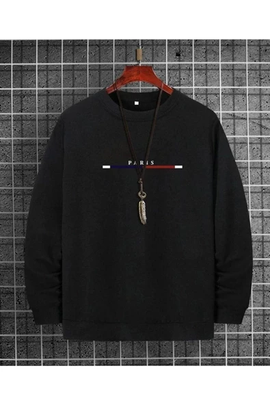 Erkek Siyah Paris Baskılı Bisiklet Yaka Oversize Sweatshirt ürün görseli