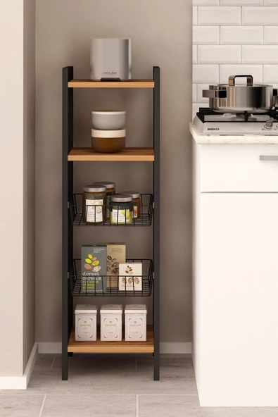 Fly Mobilya Polina Tel Sepetli Çok Amaçlı Mutfak Dolabı, Siyah Metal Ayaklı Sepetli Çok Amaçlı Dolap - 3