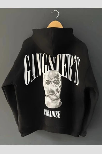 Erkek Siyah Gangster Paradise Baskılı Oversize 3 Iplik Kapüşonlu Sweatshirt - 3