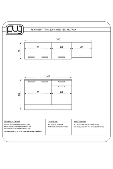Fly Mobilya Tino 200 Cm Mutfak Dolabı, Modern Mutfak Ünitesi, Hazır Mutfak Dolabı Tezgah + Çelik Evye Dahil - 6