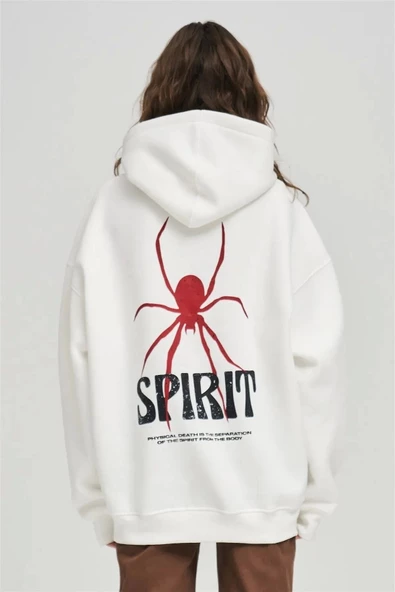 Beyaz Unisex Spirit Kapüşonlu Sweatshirt - Resim 4