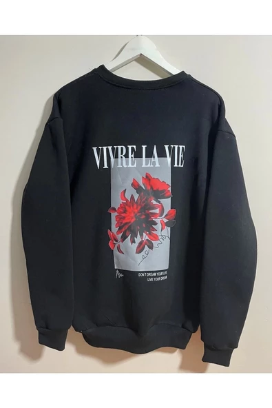 3 Iplik Oversize Vivre La Vie Basklı Siyah Unisex Sweatshirt ürün görseli