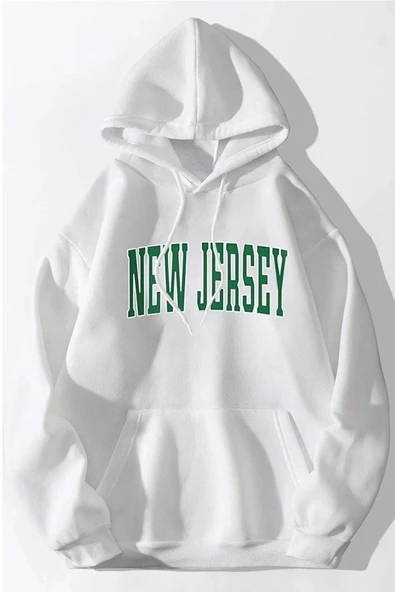 Unisex Oversize Beyaz New Jersey Baskılı Kapüşonlu Sweatshirt ürün görseli 1