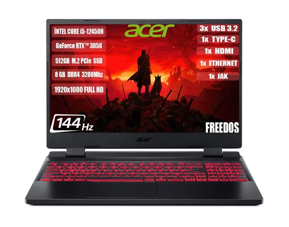 Acer Nitro 5 AN515-58-544K  NH.QFJEY.007 i5-12450H 8 GB 512 GB RTX3050 15.6" Free Dos FHD Dizüstü Bilgisayar