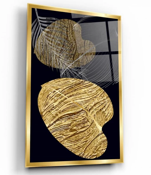 Gold Yapraklar Cam Tablo | Hediyelik, Dekoratif, Ofis, Mutfak
