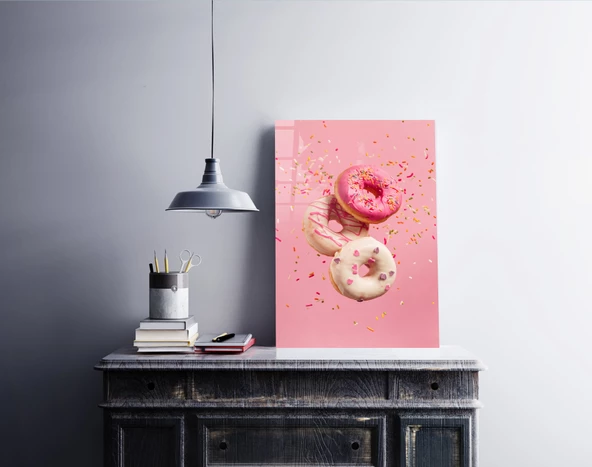 Pembe Fonda Donutlar Cam Tablo | Hediyelik, Dekoratif, Ofis, Mutfak - 5