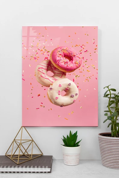 Pembe Fonda Donutlar Cam Tablo | Hediyelik, Dekoratif, Ofis, Mutfak - 1