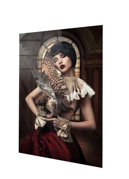 Kilisede Elinde Baykuş Tutan Güzel Kadın Cam Tablo | Hediyelik, Dekoratif, Ofis, Mutfak - Resim 2