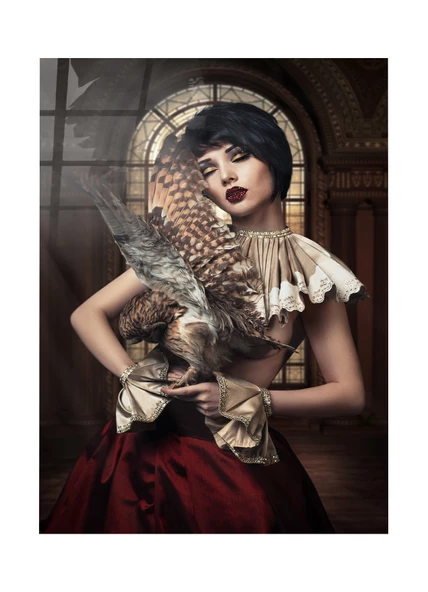 Kilisede Elinde Baykuş Tutan Güzel Kadın Cam Tablo | Hediyelik, Dekoratif, Ofis, Mutfak - Resim 3