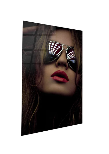 Güneş Gözlüklü Kırmızı Rujlu Kadın Cam Tablo | Hediyelik, Dekoratif, Ofis, Mutfak - 4