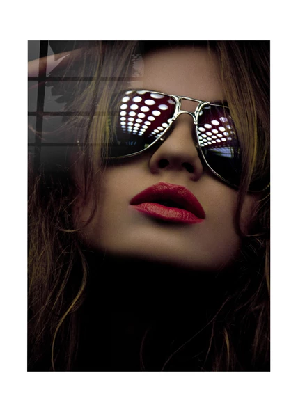 Güneş Gözlüklü Kırmızı Rujlu Kadın Cam Tablo | Hediyelik, Dekoratif, Ofis, Mutfak - 3