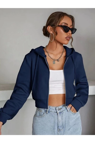 Kadın Kırık Beyaz Fitted Crop Kapşonlu Zip Fermuarlı Polar Hırka Sweatshirt