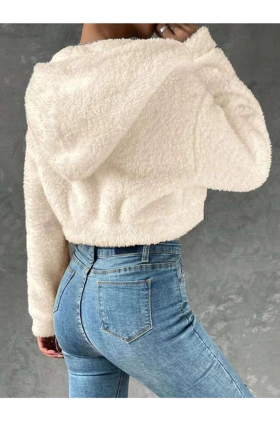 Kadın Kırık Beyaz Fitted Crop Kapşonlu Zip Fermuarlı Polar Hırka Sweatshirt - 4