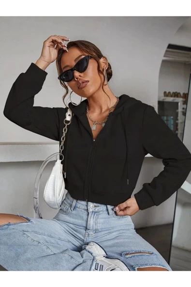 Kadın Kırık Beyaz Fitted Crop Kapşonlu Zip Fermuarlı Polar Hırka Sweatshirt