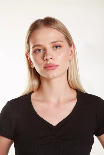 Kadın Crop Ön Yaka Büzgülü Fitilli Likralı Kollu T-Shirt - 3