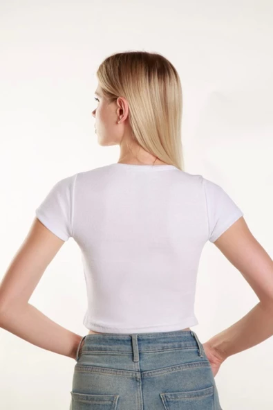 Kadın Crop Kare Yaka Fitilli Likralı Kollu Atlet Bluz Tshirt - 3