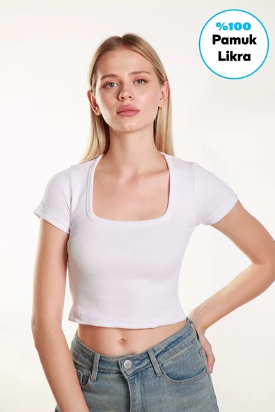 Kadın Crop Kare Yaka Fitilli Likralı Kollu Atlet Bluz Tshirt