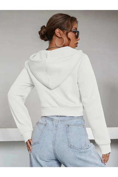 Kadın Kırık Beyaz Fitted Crop Kapşonlu Zip Fermuarlı Polar Hırka Sweatshirt - 5