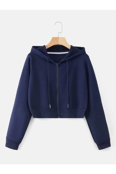 Kadın Kırık Beyaz Fitted Crop Kapşonlu Zip Fermuarlı Polar Hırka Sweatshirt - 2