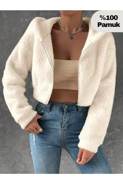Kadın Kırık Beyaz Fitted Crop Kapşonlu Zip Fermuarlı Polar Hırka Sweatshirt