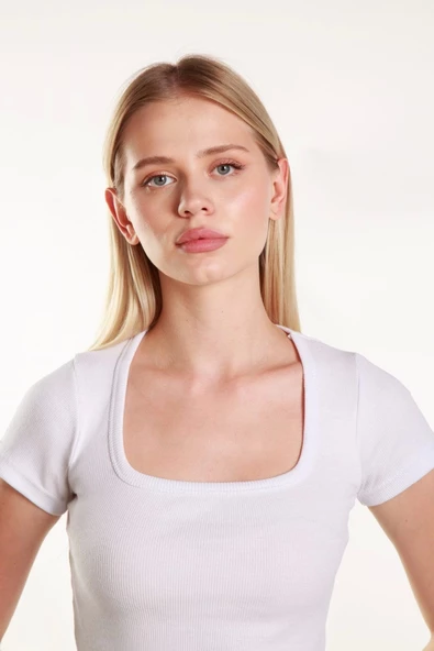 Kadın Crop Kare Yaka Fitilli Likralı Kollu Atlet Bluz Tshirt - 2