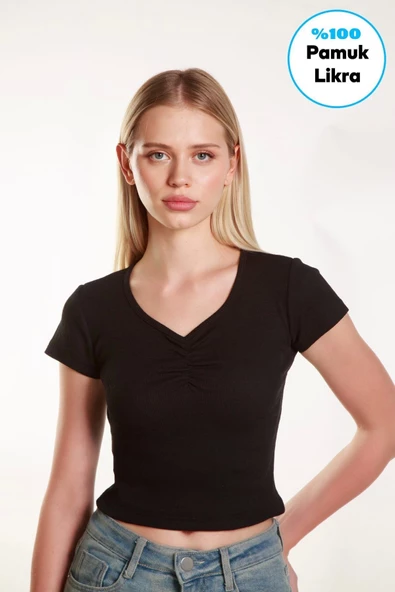 Kadın Crop Ön Yaka Büzgülü Fitilli Likralı Kollu T-Shirt - 2