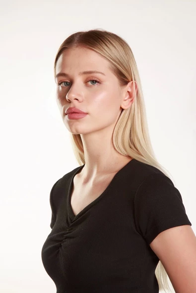 Kadın Crop Ön Yaka Büzgülü Fitilli Likralı Kollu T-Shirt - 5