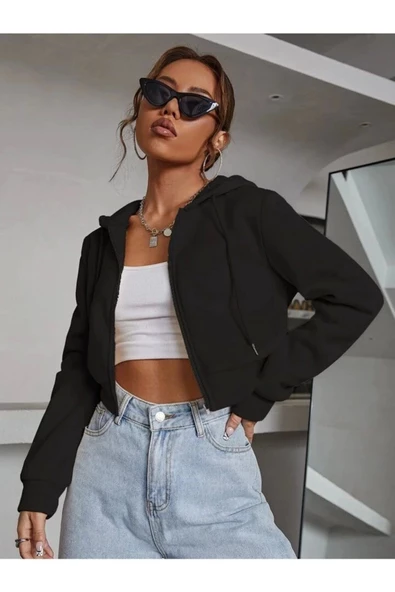 Kadın Kırık Beyaz Fitted Crop Kapşonlu Zip Fermuarlı Polar Hırka Sweatshirt - 2