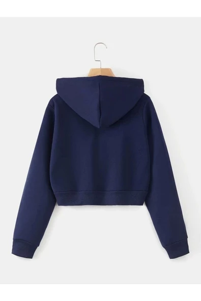 Kadın Kırık Beyaz Fitted Crop Kapşonlu Zip Fermuarlı Polar Hırka Sweatshirt - 4