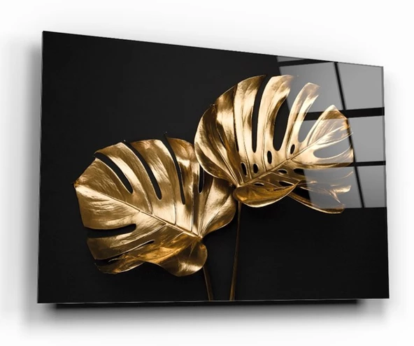 Gold Yapraklar Cam Tablo | Hediyelik, Dekoratif, Ofis, Mutfak