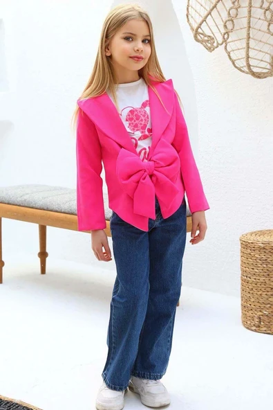 Kız Çocuk Digital ve Yazı Baskılı Tişört Önü Fiyonklu Blazer Ceket Pembe Alt Üst Takım - Resim 4