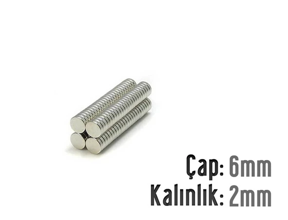 Neodyum Mıknatıs Silindir Çap 6mm , Kalınlık 2mm   ( 10 Adet)