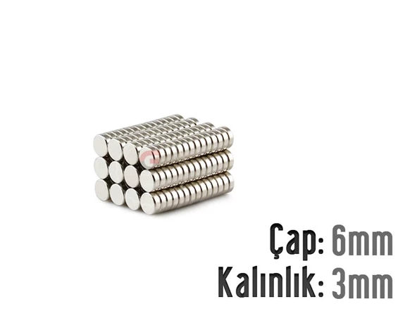 Neodyum Mıknatıs Silindir Çap 6mm , Kalınlık 3mm   ( 10 Adet)